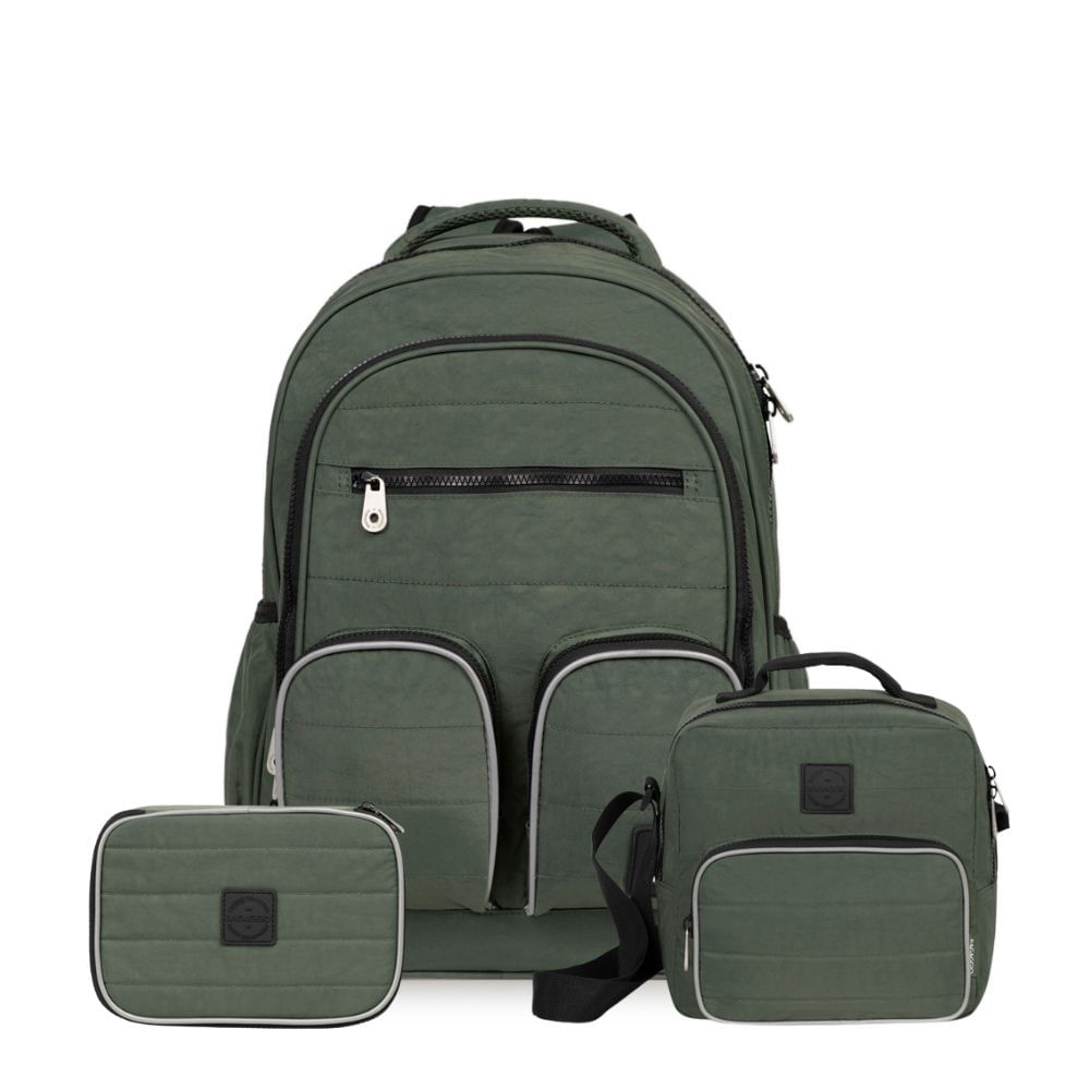 Kit Mochila, Lancheira Térmica, Estojo Masculino Juvenil Color Block Verde Escuro