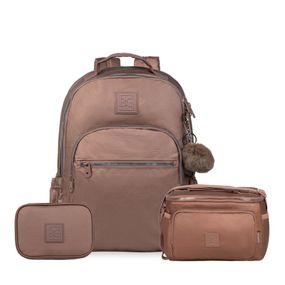 Kit Mochila, Lancheira Térmica, Estojo Feminino Juvenil Perolado Cobre