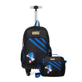 Kit Mochila de 4 Rodinhas e Lancheira Térmica Juvenil Masculina Sonic Preto