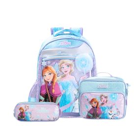 Kit Mochila, Lancheira Térmica, Estojo Feminino Infantil Frozen Azul Claro