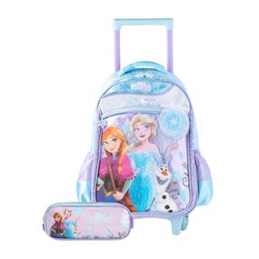Kit Mochila de Rodinha e Estojo Infantil Feminina Frozen Azul Claro