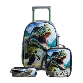 Kit Mochila de Rodinha, Lancheira Térmica, Estojo Infantil Masculina Dinossauro Verde Escuro