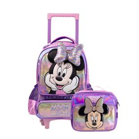 Kit Mochila de Rodinha e Lancheira Térmica   Infantil Feminina Minnie Lilás