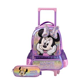 Kit Mochila de Rodinha e Estojo Escolar Infantil Feminina Minnie Lilás