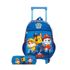 Kit Mochila de Rodinha e Estojo Infantil Masculino Patrulha Canina Chase e Equipe Azul