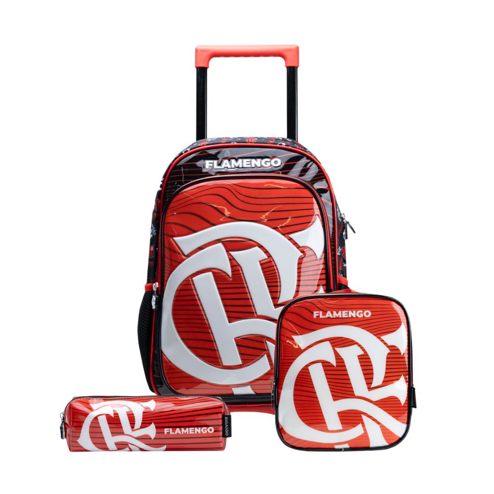 Kit Mochila de Rodinha, Lancheira Térmica, Estojo do Flamengo Masculina Oficial
