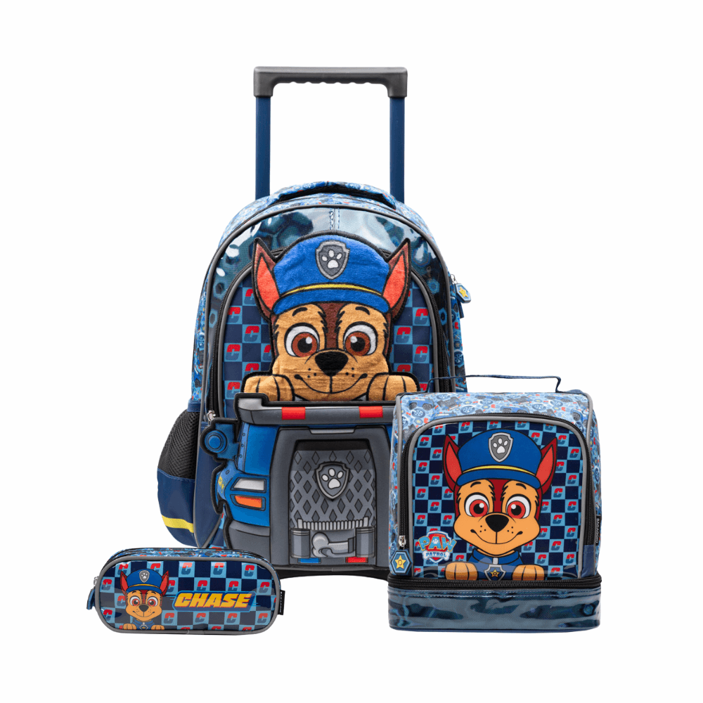 Kit Mochila de Rodinha, Lancheira Térmica, Estojo Infantil Masculina Patrulha Canina Chase Azul