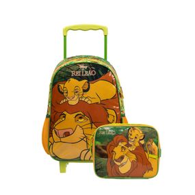 Kit Mochila de Rodinha e Lancheira Térmica Escolar Infantil Masculina Rei Leão Verde