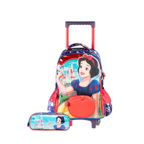 Kit Mochila de Rodinha e Estojo Feminino Branca de Neve Azul Escuro