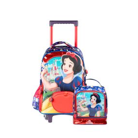 Kit Mochila de Rodinha e Lancheira Térmica  Infantil Feminina Branca de Neve Azul Escuro