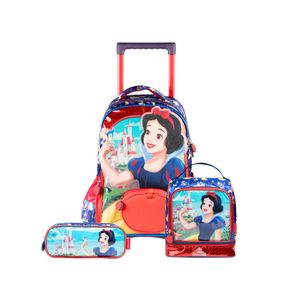 Kit Mochila de Rodinha, Lancheira Térmica, Estojo  Infantil Feminino Branca de Neve Azul Escuro