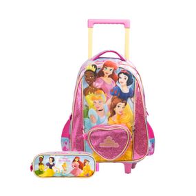 Kit Mochila de Rodinhas e Estojo Infantil Feminina Princesas Rosa