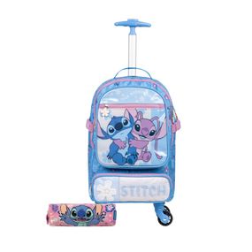 Kit Mochila de 4 Rodinhas Stitch e Angel e Estojo Rosa