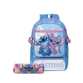 Kit Mochila Stitch e Angel e Estojo Rosa Feminina Juvenil