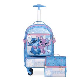 Kit Mochila de 4 Rodinhas e Lancheira Térmica Infantil Feminina Stitch e Angel Azul