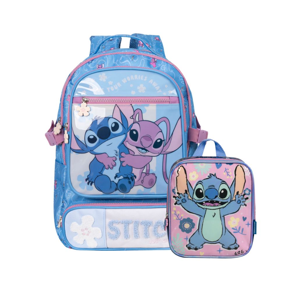 Kit Mochila Escolar Sitch e Angel e Lancheira Térmica Feminina Infantil Stitch Rosa