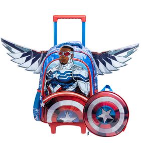 Kit Mochila de Rodinha e Lancheira Térmica Infantil Masculina Capitão América com Asas Removíveis