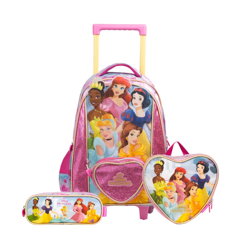 Kit Mochila de Rodinha, Lancheira Térmica, Estojo Infantil Feminino Princesas Rosa