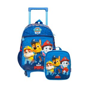 Kit Mochila de Rodinha e Lancheira Térmica  Infantil Masculina Patrulha Canina Chase e Equipe Azul
