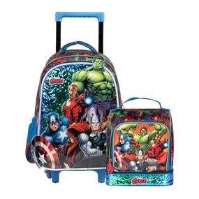 Kit Mochila de Rodinha e Lancheira Térmica  Infantil Masculina Vingadores Preto