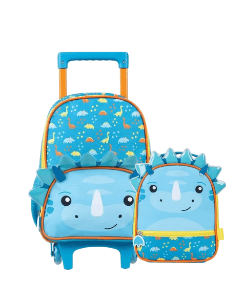 Kit Mochila Infantil de Rodinhas Pets Dinossauro e Lancheira Azul Escuro