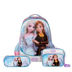 Kit Mochila Escolar, Lancheira Térmica e Estojo com 3 Compartimentos Frozen