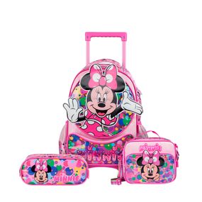 Kit Mochila de Rodinhas Feminina, Lancheira Térmica e Estojo de 3 Compartimentos Minnie Rosa
