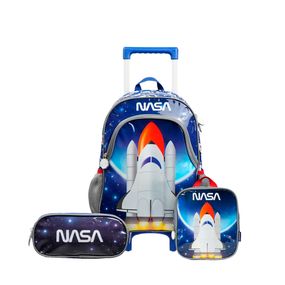 Kit Mochila de Rodinhas, Lancheira Térmica e Estojo Escolar Masculino Foguete Nasa Azul