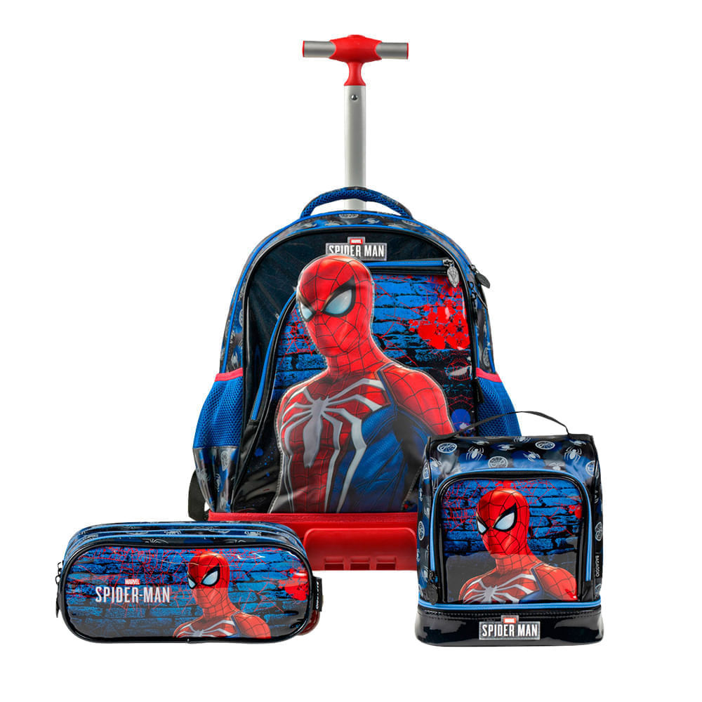 Kit Mochila de 4 Rodinhas Masculina Masculina, Estojo Escolar Masculino e Lancheira Térmica Masculina Homem Aranha Azul Escura