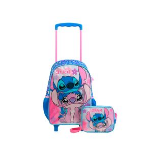 Kit Mochila de Rodinha e Lancheira Térmica Infantil Feminina Stitch Azul