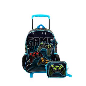Kit Mochila de Rodinhas Masculina Video Game Preta e Lancheira Térmica Masculina Video Game Preta