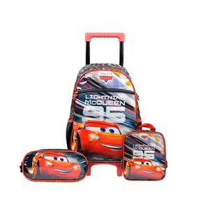 Kit Mochila de Rodinha,  Estojo Escolar e Lancheira Térmica Infantil Masculina Carros Vermelha
