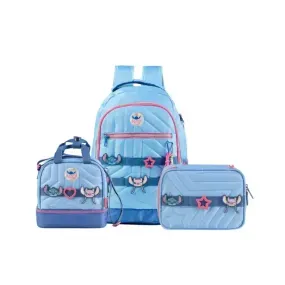 Kit Mochila Escolar, Lancheira Térmica, Estojo Feminino Stitch Star Azul