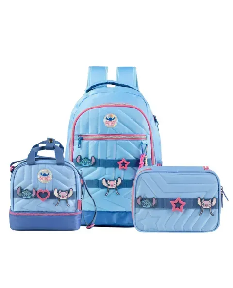 Kit Mochila Escolar, Lancheira Térmica, Estojo Feminino Stitch Star Azul