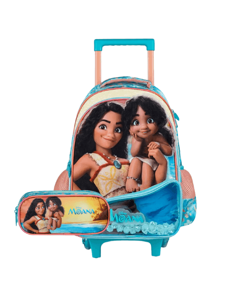 Kit Mochila de Rodinha Infantil Feminina e Estojo 3 Compartimentos Moana Azul