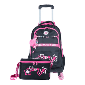 Kit Mochila de Rodinha Feminina, Lancheira Térmica Juvenil BG Joy Preta
