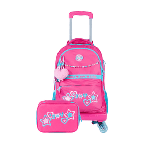 Kit Mochila de Rodinha Feminina, Estojo Box Juvenil BG Joy Rosa