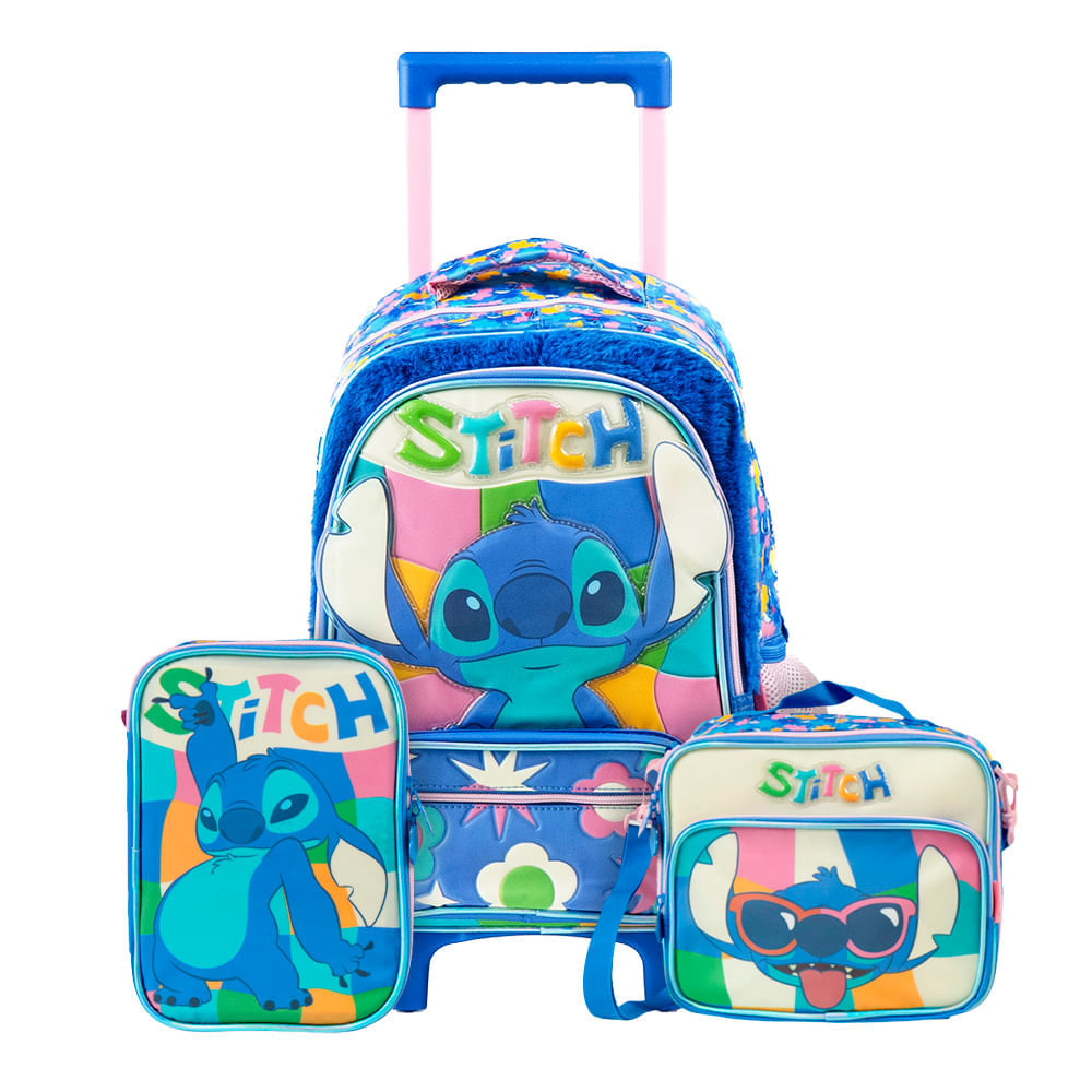 Kit Mochila de Rodinha Infantil Feminina + Lancheira Térmica + Estojo Grande Stitch Azul