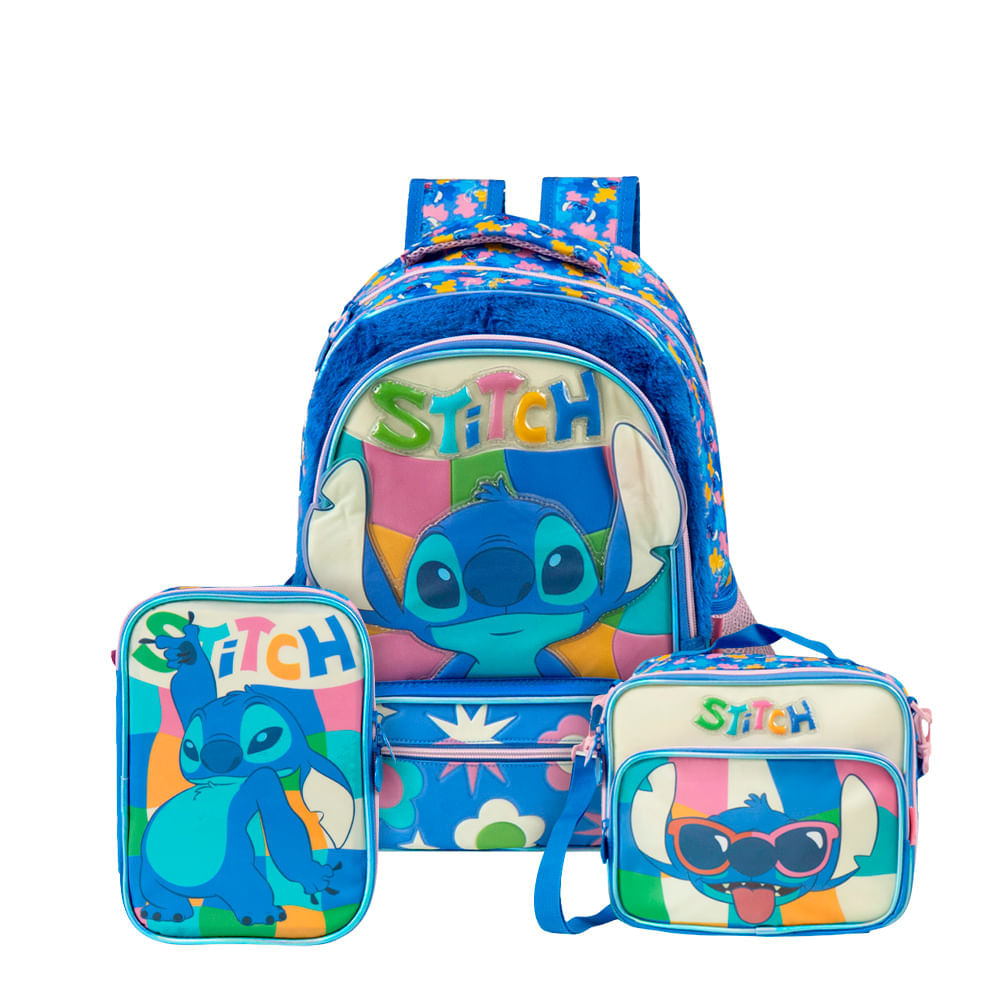 Kit Mochila Escolar Feminina , Estojo Escolar Feminino Grande e Lancheira Térmica Feminina Stitch Azul
