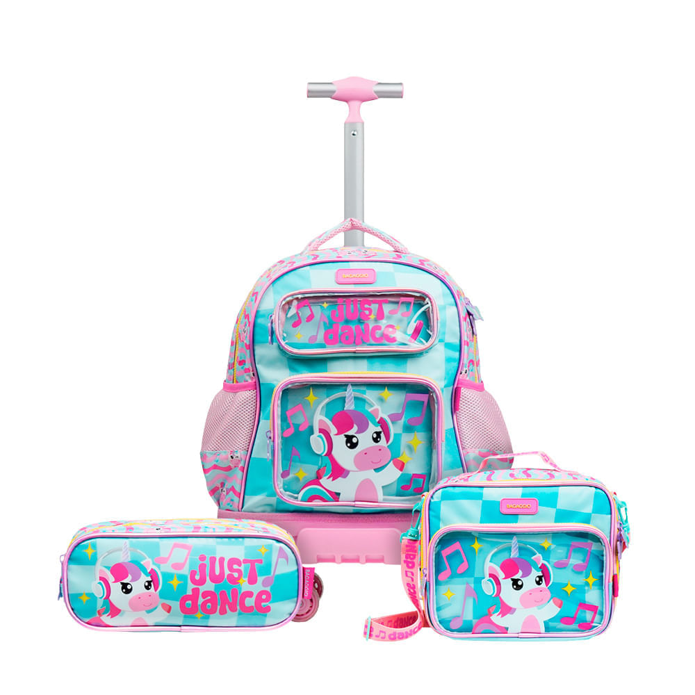 Kit Mochila de 4 Rodinhas, Lancheira Térmica e Estojo com 3 Compartimentos Unicórnio Just Dance