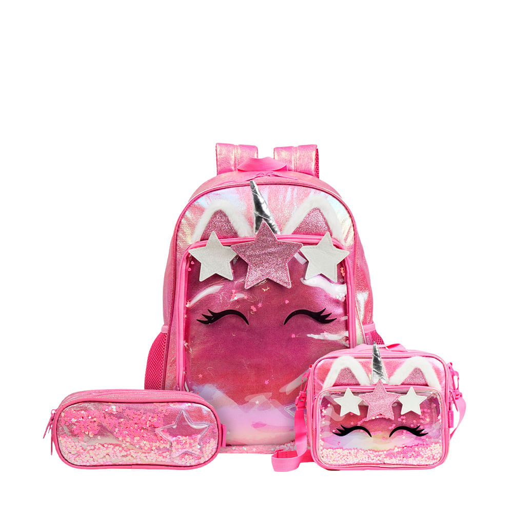Kit Mochila Escolar Feminina, Lancheira Térmica e Estojo 3 Compartimentos Unicórnio Confetti Rosa