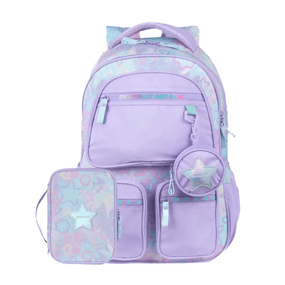 Kit Mochila Escolar Feminina, Estojo Box Juvenil Star Candy Lilás