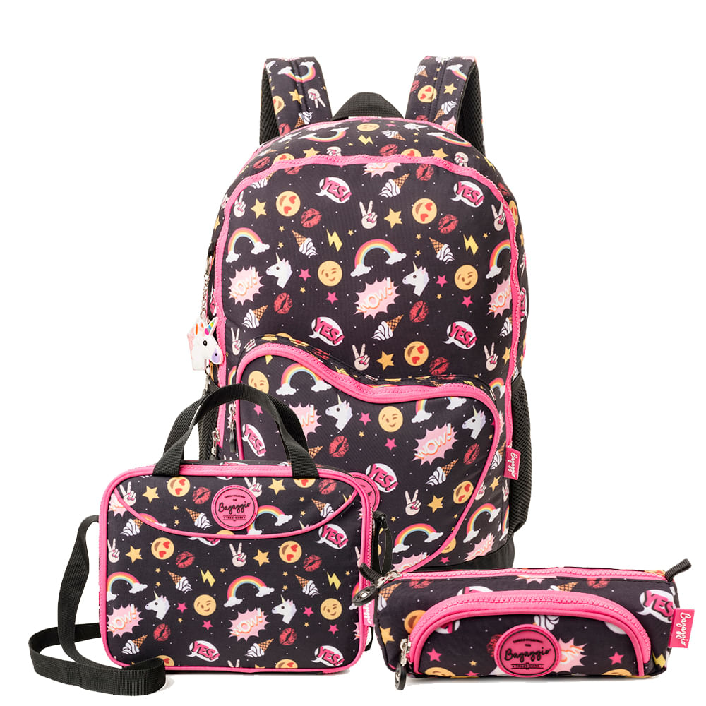 Kit Carinhas   - Mochila, Lancheira e Estojo Preto